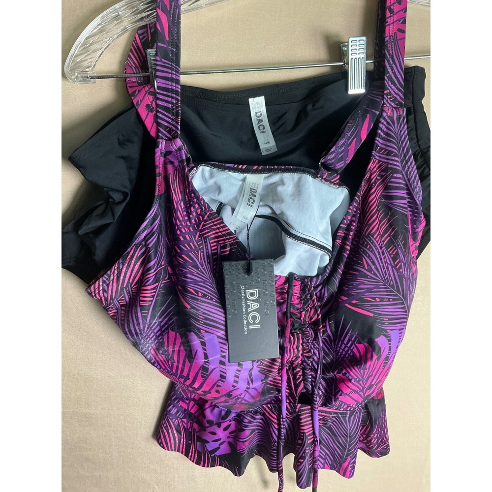 Daci Mens Plus Size Bikini Set High Waisted Ruffle Tummy Control Purple Leaf 14W - Picture 12 of 13